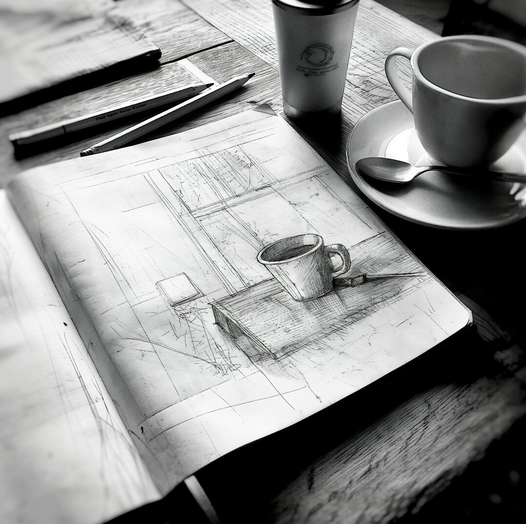 Editorial desk with layout sketches, a laptop and a cup of coffee
